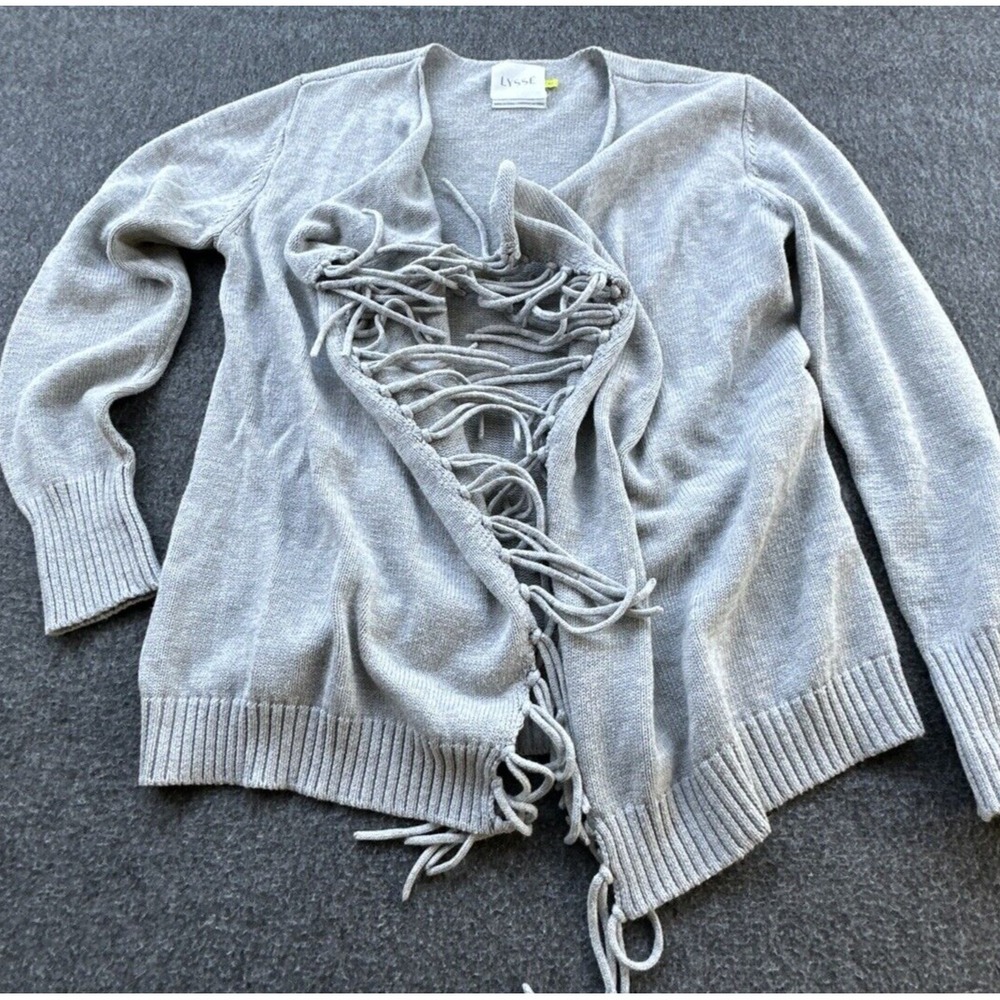 Lysse Cardigan‎ Womens Medium Gray Fringe Sweater Open Long Sleeve